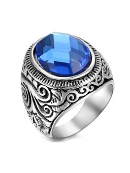 Peora - Vintage Stainless Steel Celtic Knot Blue Glass Band Statement Ring