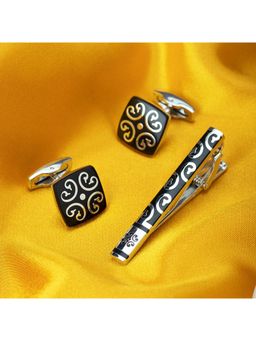 Peora - Black Silver Decorative Combo Set Of Tie Pin & Cufflinks Wedding Business Gift (PX9TCL01)