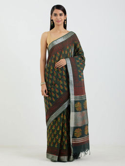 AUJJESSA - Cotton Linen Bottle Green Handcrafted Saree with Unstitched Blouse