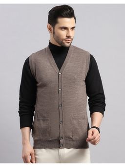 Monte Carlo - Brown Men's Regular Fit Solid V Neck Sleeveless Cardigan