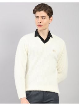 Monte Carlo - Cream Men's Regular Fit Self Design V Neck Full Sleeve Pullover Sweater