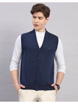 Monte Carlo - Navy Blue Men's Regular Fit Solid V Neck Sleeveless Cardigan