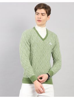 Monte Carlo - Green Men's Regular Fit Self Design V Neck Full Sleeve Pullover Sweater