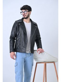 TBOJ - Black Men Solid Genuine Leather Jacket