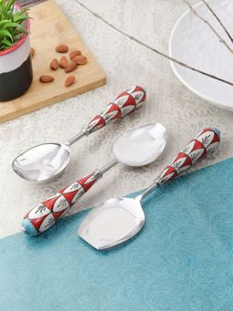 VarEesha - Red Mughal Ceramic Handle Steel Serving Spoons Set of Three