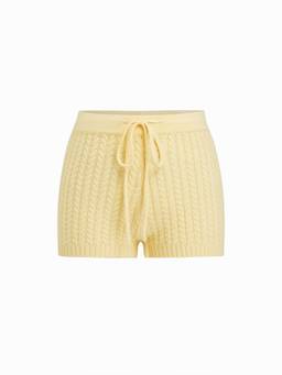 Cider - Cable Knit Women Mid-Waist Drawstring Micro Shorts Yellow