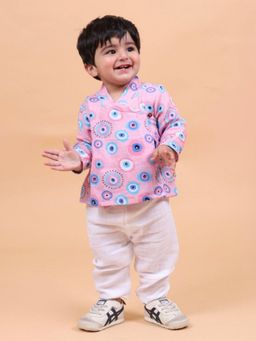 Mama & Peaches - Pink Evil Eye Muslin Angrakha with Pant (Set of 2)