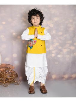 MUD KID - Yellow Ganesh Embroidered Jacket with Kurta & Dhoti (Set of 3)
