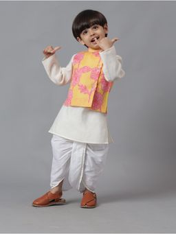 MUD KID - Yellow Jacket with Pink Floral Embroidery with Kurta & Dhoti (Set of 3)
