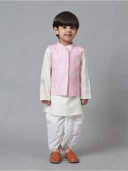 MUD KID - Pink Embroidered Jacket with Kurta & Dhoti (Set of 3)