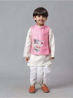 MUD KID - Pink Ganesh Embroidered Jacket with Kurta & Dhoti (Set of 3)