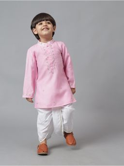 MUD KID - Pink Zari Embroidered Kurta with Dhoti (Set of 2)