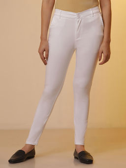 Aurelia - White Cotton Lycra Slim Pant