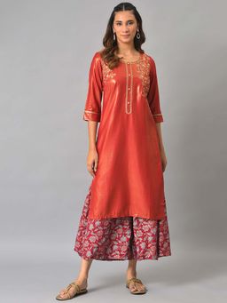 Aurelia - Liva Maroon Zari Embroidered Kurta with Printed Culottes (Set of 2)