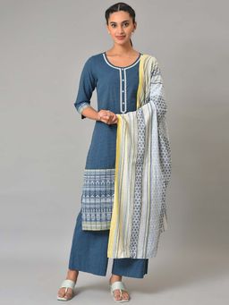 Aurelia - Blue Yarn-Dyed Cotton Kurta (Set of 3)