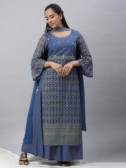 Aurelia - Bright Blue Embellished Kurta with Palazzo and Choker Dupatta (Set of 3)