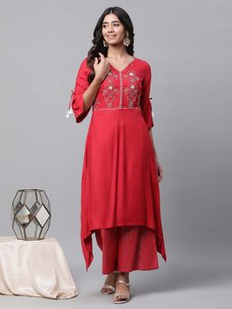Aurelia - Red Asymmetrical Embroidered Kurta and Palazzo (Set of 2)