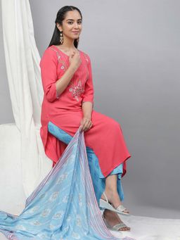 Aurelia - Pink Embroidered Kurta with Narrow Palazzo and Dupatta (Set of 3)