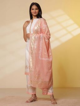 Aurelia - White Floral Foil Printed Straight Kurta with Pant and Dupatta (Set of 3)