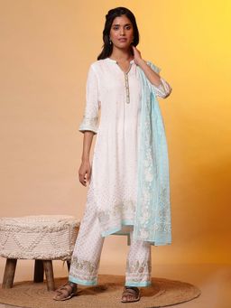 Aurelia - White Floral Foil Printed Kurta with Palazzo and Dupatta (Set of 3)