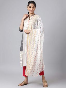 Aurelia - Liva Steel Grey Printed Kurta with Trousers and Dupatta (Set of 3)