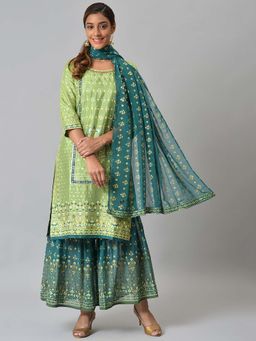 Aurelia - Liva Green Foil Printed Kurta with Sharara and Dupatta (Set of 3)
