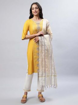 Aurelia - Mustard Liva Embroidered Kurta with Trousers and Banarasi Dupatta (Set of 3)