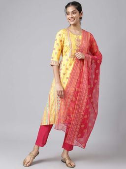 Aurelia - Liva Yellow Asymmetric Kurta with Pink Trouser and Dupatta (Set of 3)