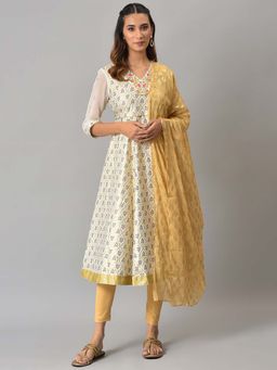 Aurelia - White Zari Embroidered Kurta with Golden Tights and Printed Dupatta (Set of 3)