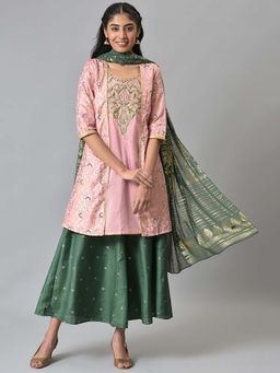 Aurelia - Pink Zari Embroidered Kurta with Green Palazzo and Dupatta (Set of 3)