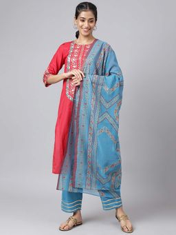 Aurelia - Red Embroidered Kurta with Blue Straight Palazzo and Dupatta (Set of 3)