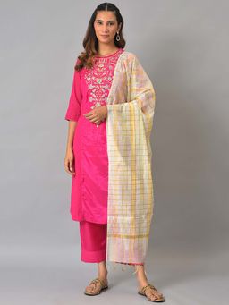 Aurelia - Rani Pink Embroidered Kurta with Palazzos and Dupatta (Set of 3)