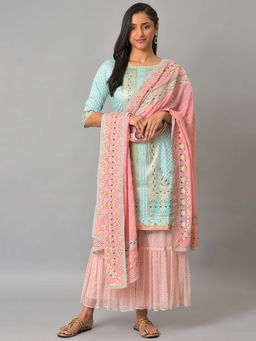 Aurelia - Blue Floral Printed Kurta with Pink Net Sharara and Dupatta (Set of 3)