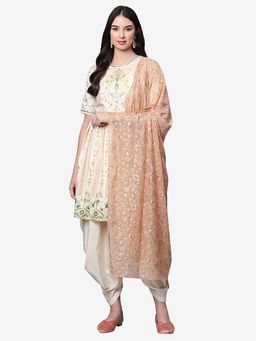 Aurelia - White Printed Festive Short Kurta with Dhoti and Dupatta(Set of 3)