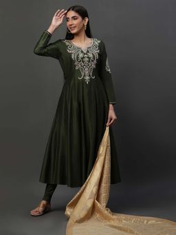 Aurelia - Green Anarkali Dori Embroidered Kurta with Tights and Dupatta (Set of 3)