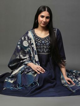 Aurelia - Blue Embroidered Anarkali Festive Kurta with Tights and Dupatta (Set of 3)