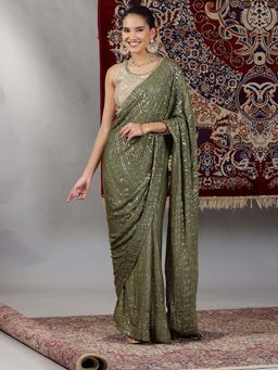 Aurelia - Gold and Green Sequin Embellished Crop Top and Pre-Stitched Saree (Set of 2)
