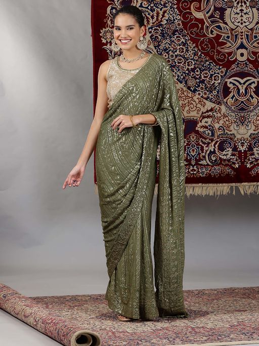 Aurelia Gold and Green Sequin Embellished Crop Top and Pre-Stitched Saree (Set of 2)