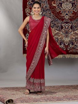 Aurelia - Red Embroidered Crop Top and Pre-Stitched Pleated Saree (Set of 2)