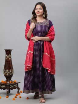 Aurelia - Purple Embellished Long Kurta with Tights and Pink Dupatta (Set of 3)