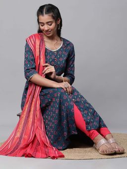 Aurelia - Blue Printed Flared Kurta with Tights and Dupatta (Set of 3)