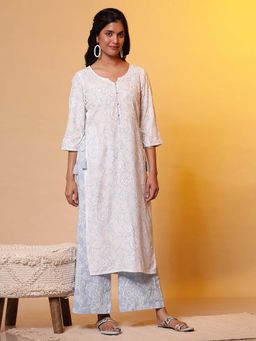 Aurelia - White Floral Printed Kurta and Pants (Set of 2)
