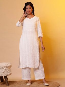 Aurelia - White Schiffli Embroidered Kurta and Palazzo (Set of 2)
