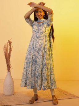 Aurelia - White Floral Printed Flared Anarkali Kurta with Tights and Dupatta (Set of 3)