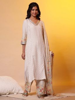 Aurelia - Natural Printed Embellished Neckline Kurta with Palazzo and Dupatta (Set of 3)