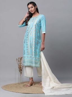 Aurelia - Blue Foil Printed Embellished Kurta with Pants and Dupatta (Set of 3)