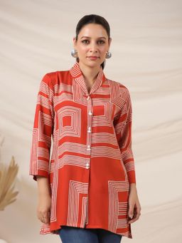KAFTANIZE - Rust Abstract Cream Stripe Printed Tunic In Russian Silk