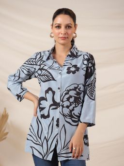 KAFTANIZE - Iceberg Blue Base Black Bold Floral Printed In Russian Silk