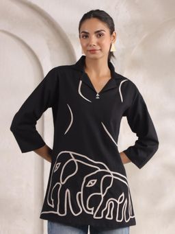 KAFTANIZE - Solid Black Base Cream Embroidered Elephant Motifs Detail Tunic In Cotton Flex