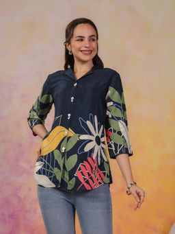 KAFTANIZE - Peacock Blue Bold Multi Color Floral Printed Tunic In Russian Silk